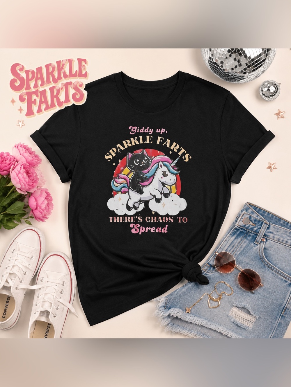 Sparkle Farts Unicorn & Cat Graphic Tee - Black